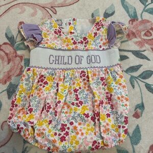 Floral Girls Smocked Bubble with Purple and Yellow Accents